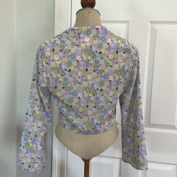 Y2K crop top tie waist floral button down shirt long bell sleeve blouse womens S - Picture 8 of 12